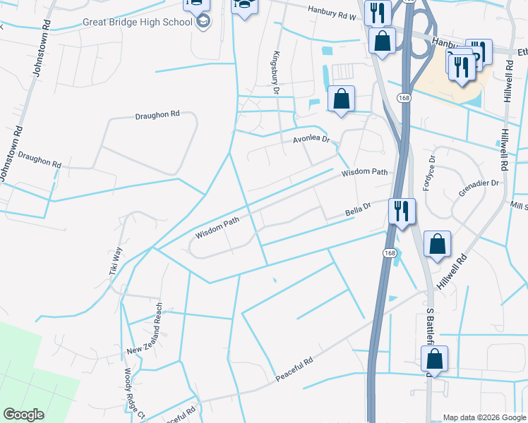 map of restaurants, bars, coffee shops, grocery stores, and more near 245 Wisdom Path in Chesapeake