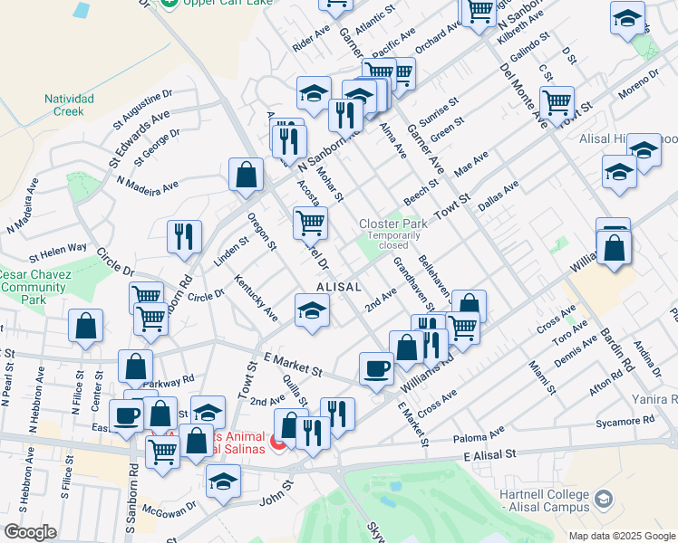 map of restaurants, bars, coffee shops, grocery stores, and more near in Salinas