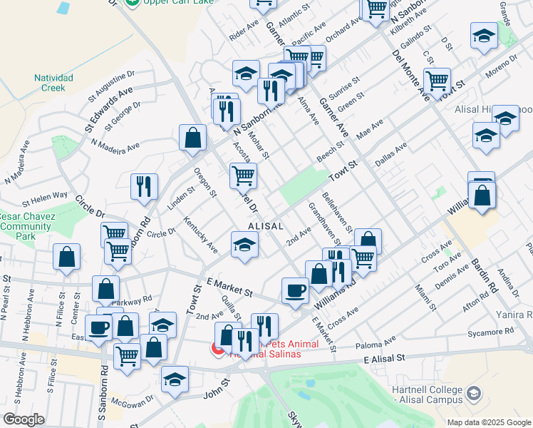 map of restaurants, bars, coffee shops, grocery stores, and more near 1155 East Laurel Drive in Salinas