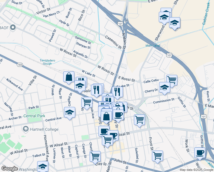 map of restaurants, bars, coffee shops, grocery stores, and more near 11 Station Place in Salinas