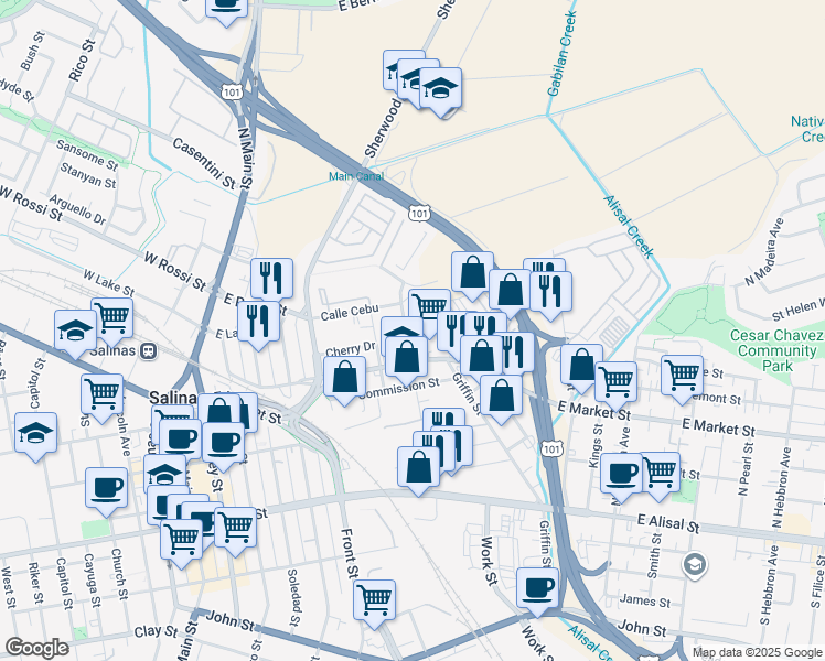 map of restaurants, bars, coffee shops, grocery stores, and more near 29 Sun Street in Salinas