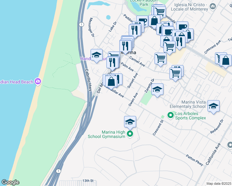 map of restaurants, bars, coffee shops, grocery stores, and more near 224 Reindollar Avenue in Marina