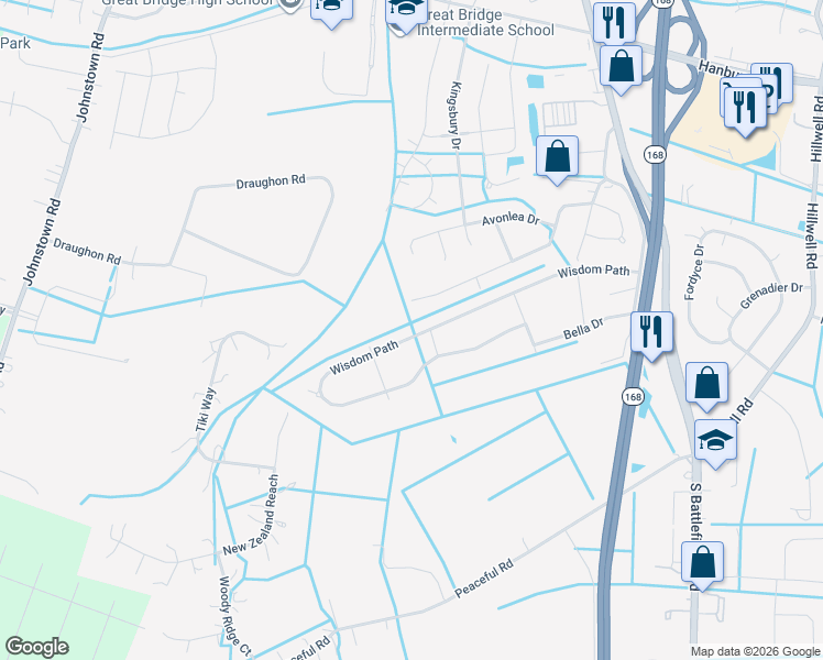 map of restaurants, bars, coffee shops, grocery stores, and more near 245 Wisdom Path in Chesapeake