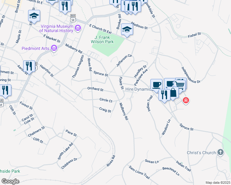 map of restaurants, bars, coffee shops, grocery stores, and more near 717 Mulberry Rd in Martinsville