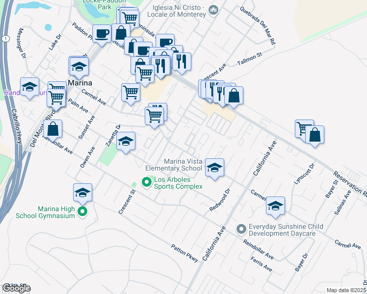map of restaurants, bars, coffee shops, grocery stores, and more near 347 Carmel Avenue in Marina
