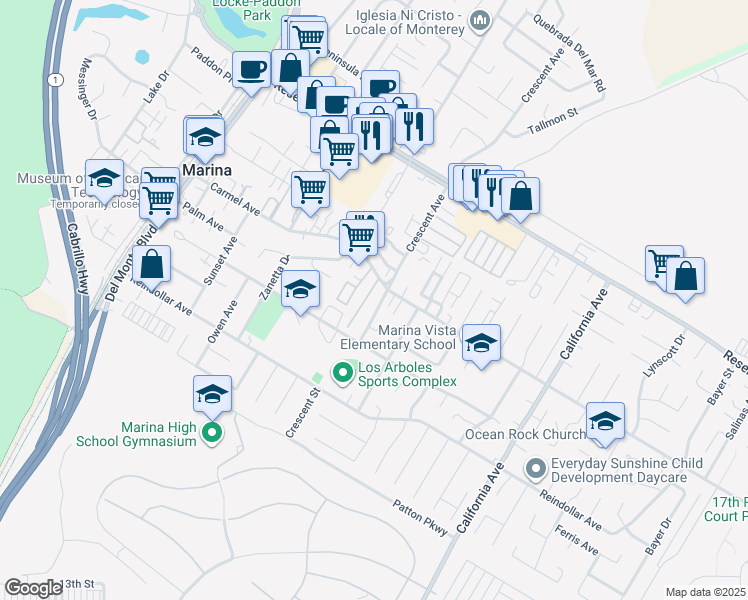 map of restaurants, bars, coffee shops, grocery stores, and more near 3083 Crescent Avenue in Marina