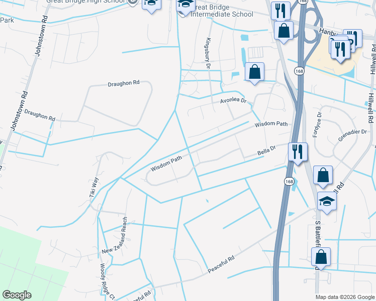 map of restaurants, bars, coffee shops, grocery stores, and more near 245 Wisdom Path in Chesapeake