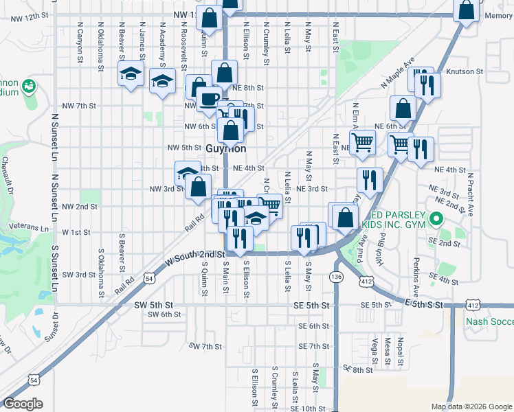 map of restaurants, bars, coffee shops, grocery stores, and more near 253 Northeast 2nd Street in Guymon