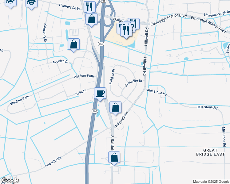 map of restaurants, bars, coffee shops, grocery stores, and more near 1337 Fordyce Drive in Chesapeake