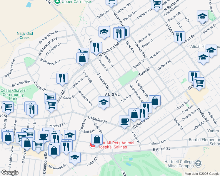 map of restaurants, bars, coffee shops, grocery stores, and more near 1143 East Laurel Drive in Salinas