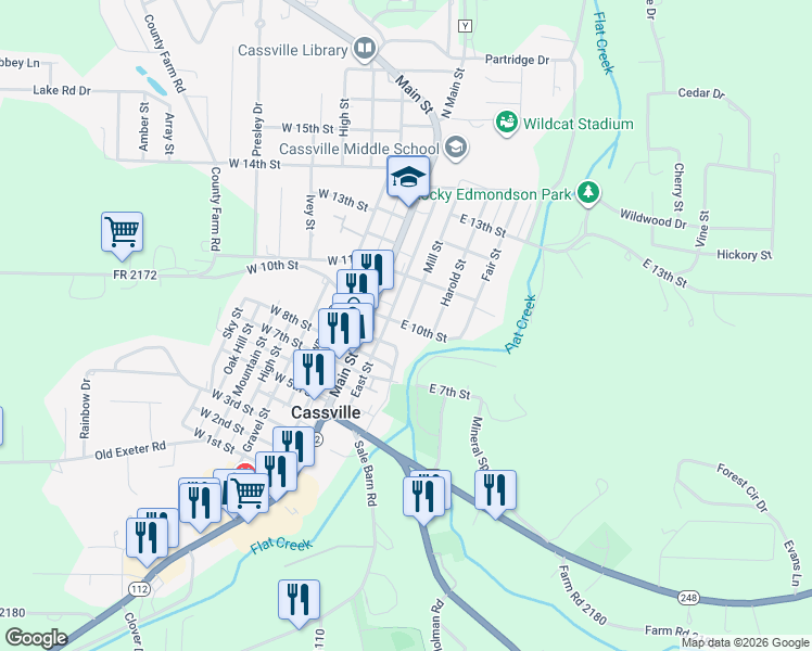 map of restaurants, bars, coffee shops, grocery stores, and more near 300 East 10th Street in Cassville