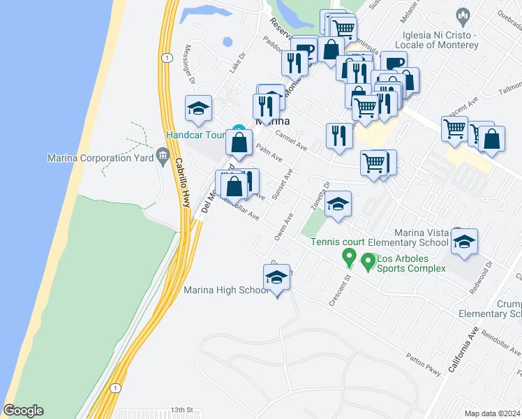 map of restaurants, bars, coffee shops, grocery stores, and more near 3037 Sunset Avenue in Marina