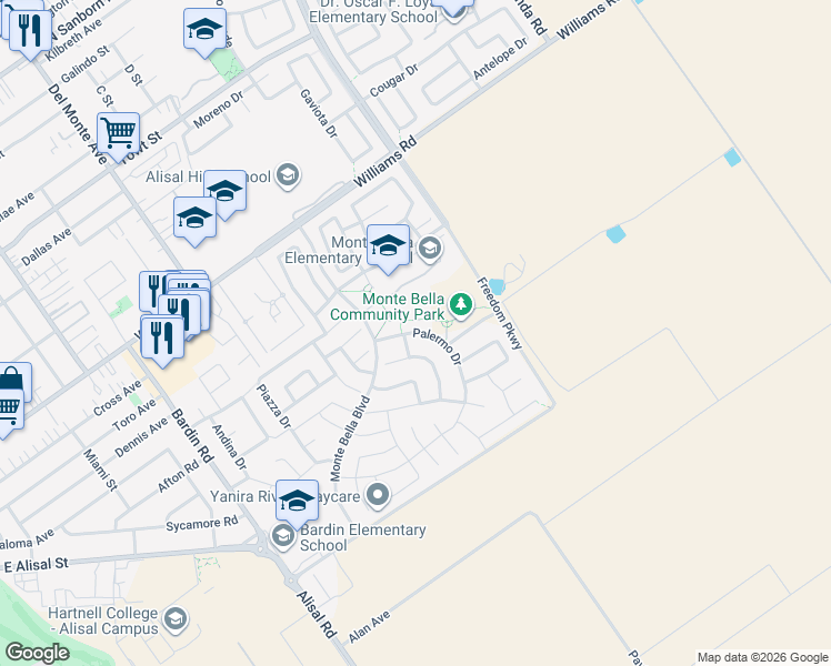 map of restaurants, bars, coffee shops, grocery stores, and more near 1279 Palermo Drive in Salinas
