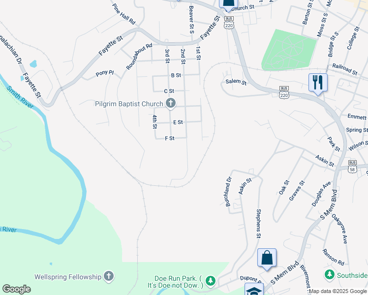 map of restaurants, bars, coffee shops, grocery stores, and more near 810 2nd Street in Martinsville