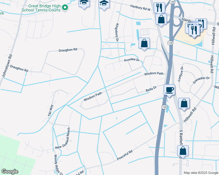 map of restaurants, bars, coffee shops, grocery stores, and more near 240 Wisdom Path in Chesapeake