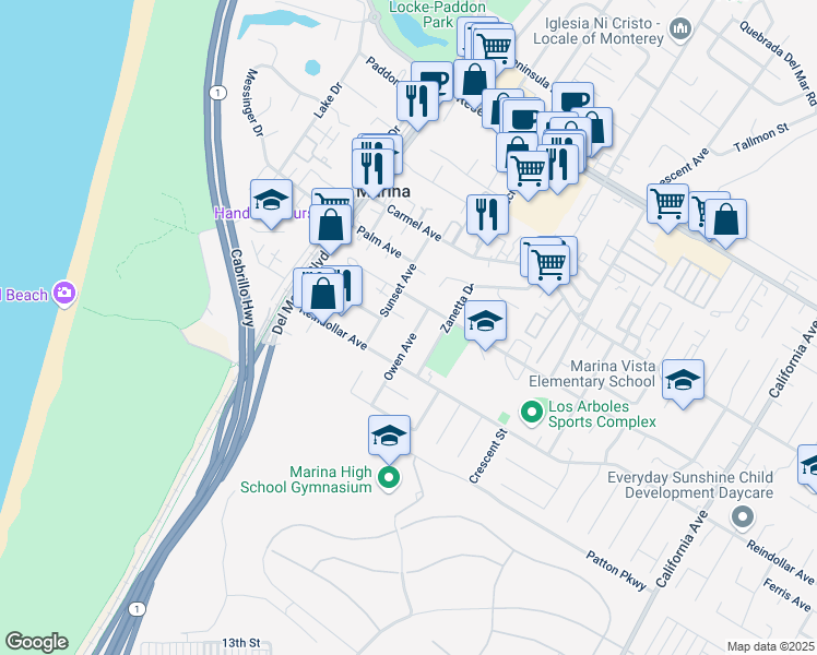 map of restaurants, bars, coffee shops, grocery stores, and more near 3047 Owen Avenue in Marina