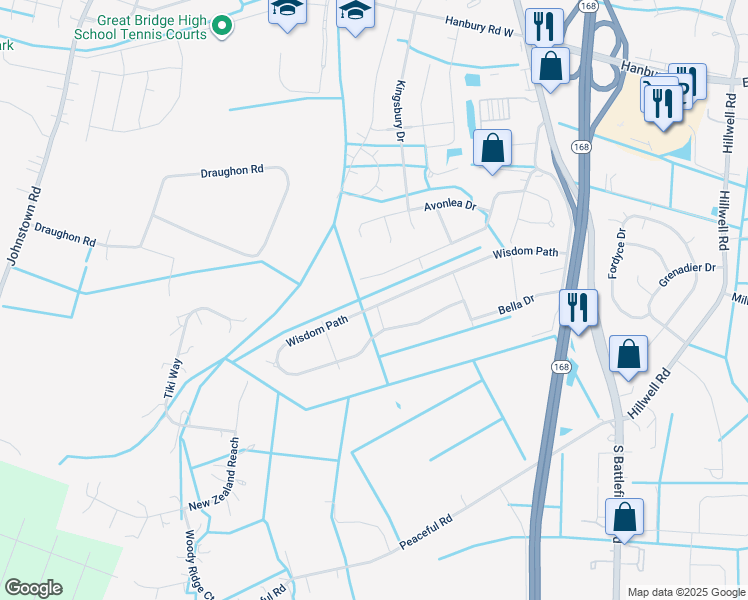 map of restaurants, bars, coffee shops, grocery stores, and more near 240 Wisdom Path in Chesapeake