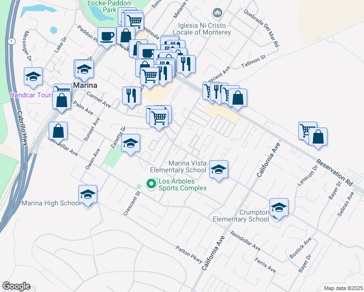 map of restaurants, bars, coffee shops, grocery stores, and more near 330 Carmel Avenue in Marina