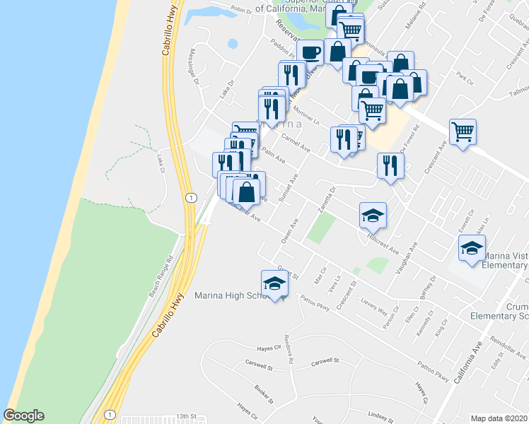map of restaurants, bars, coffee shops, grocery stores, and more near 238 Reindollar Avenue in Marina