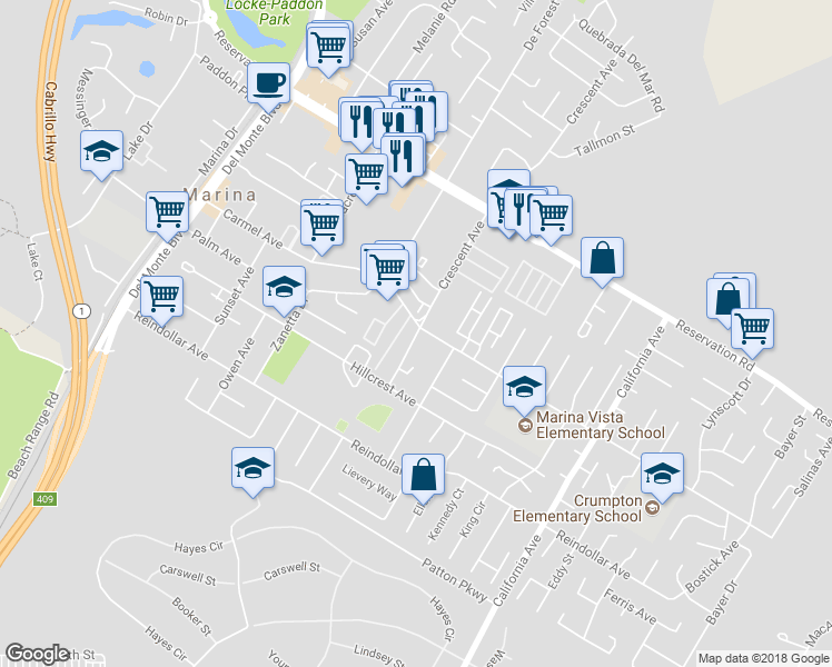map of restaurants, bars, coffee shops, grocery stores, and more near 3097 Crescent Avenue in Marina