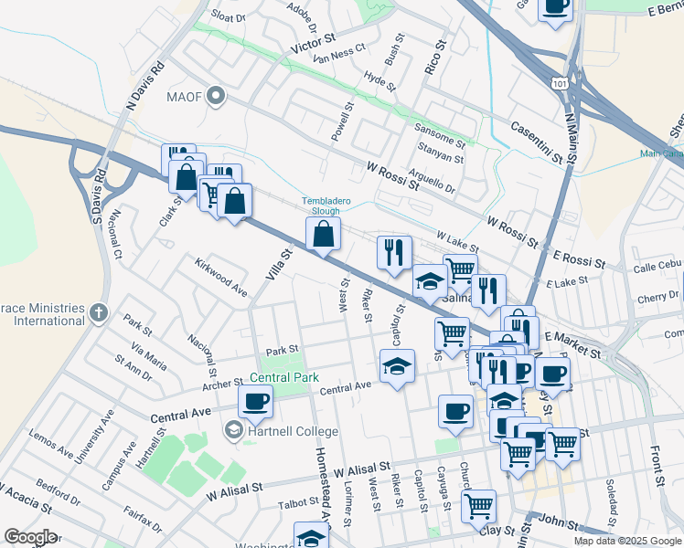 map of restaurants, bars, coffee shops, grocery stores, and more near 301 East Market Street in Salinas