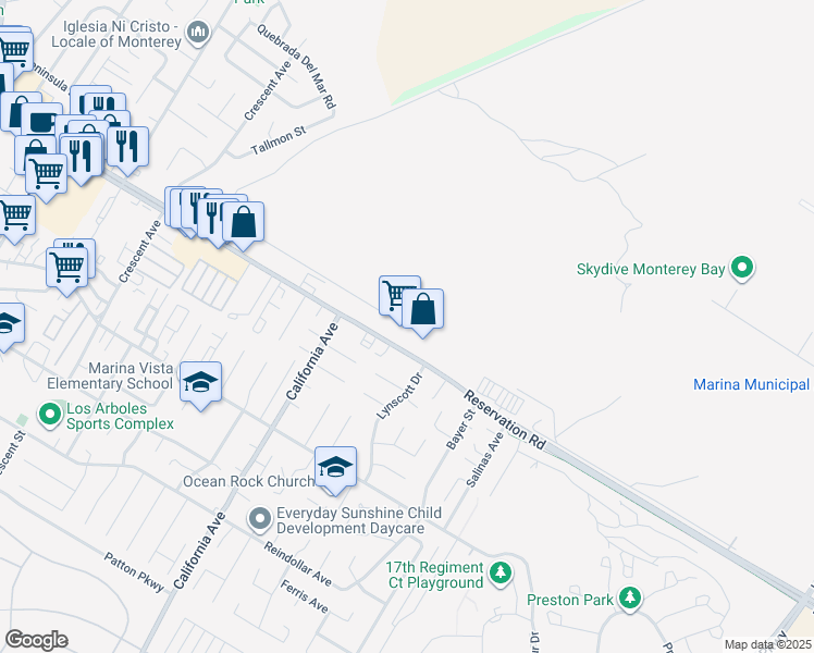 map of restaurants, bars, coffee shops, grocery stores, and more near in Marina