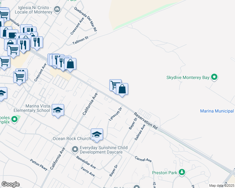 map of restaurants, bars, coffee shops, grocery stores, and more near 261 Beacon Drive in Marina