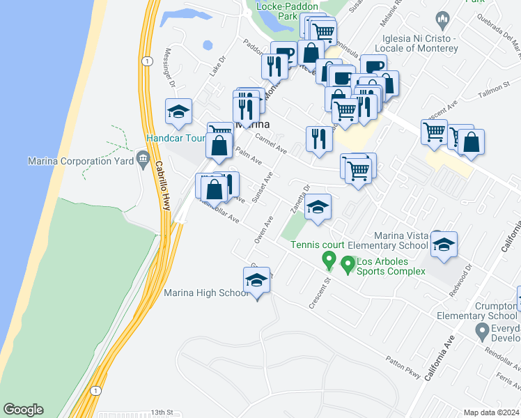 map of restaurants, bars, coffee shops, grocery stores, and more near 3039 Owen Avenue in Marina