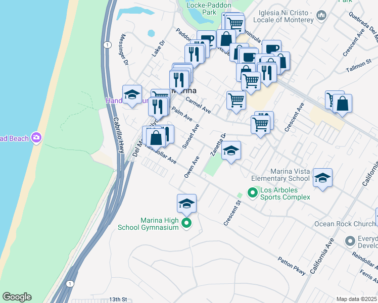 map of restaurants, bars, coffee shops, grocery stores, and more near 3039 Owen Avenue in Marina