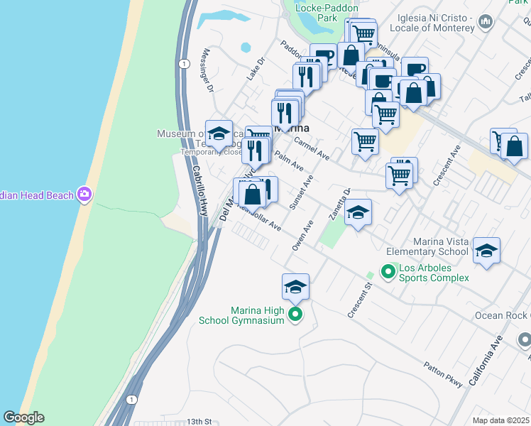 map of restaurants, bars, coffee shops, grocery stores, and more near 227 Cypress Avenue in Marina