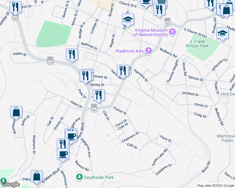 map of restaurants, bars, coffee shops, grocery stores, and more near 300 Virginia Street in Martinsville
