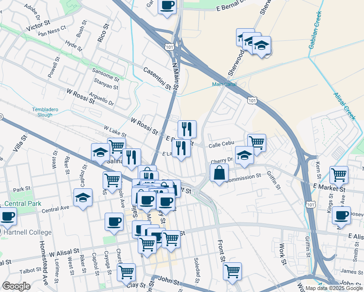 map of restaurants, bars, coffee shops, grocery stores, and more near 35 East Rossi Street in Salinas