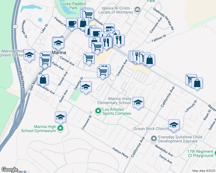 map of restaurants, bars, coffee shops, grocery stores, and more near 310 Carmel Avenue in Marina