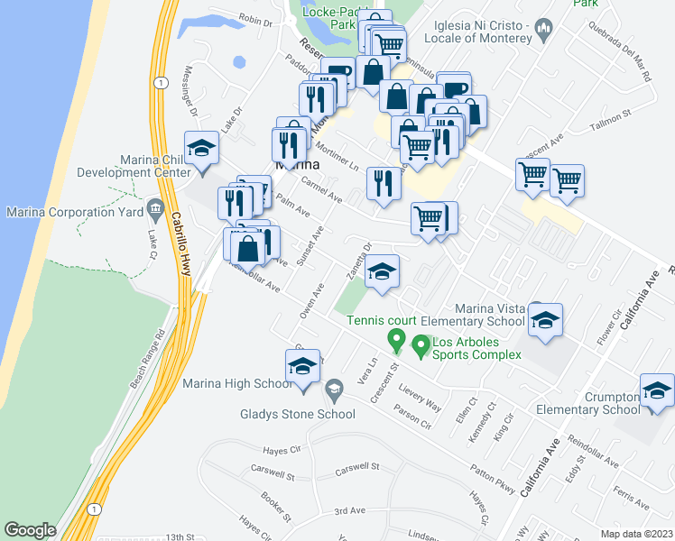 map of restaurants, bars, coffee shops, grocery stores, and more near 3056 Owen Avenue in Marina