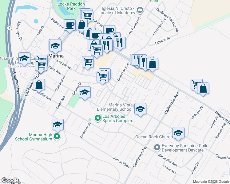 map of restaurants, bars, coffee shops, grocery stores, and more near 3094 Crescent Avenue in Marina
