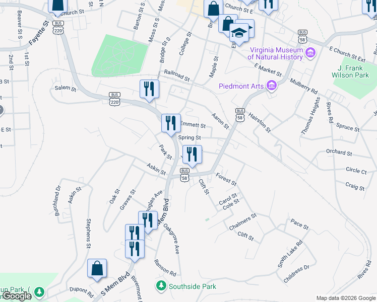 map of restaurants, bars, coffee shops, grocery stores, and more near 704 Woodrow St in Martinsville