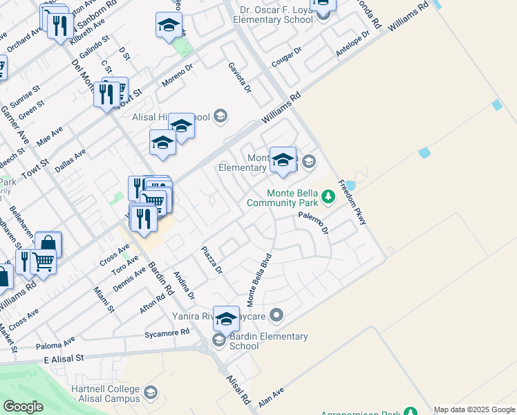 map of restaurants, bars, coffee shops, grocery stores, and more near 1136 Verona Way in Salinas