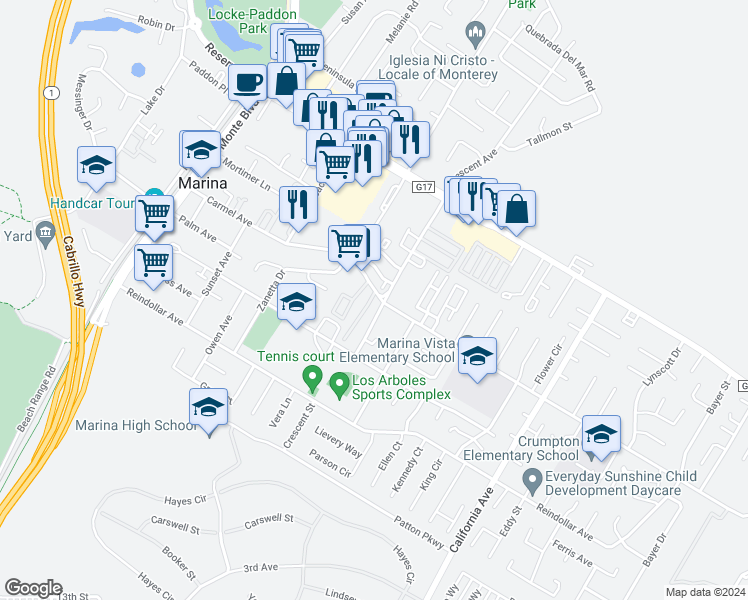 map of restaurants, bars, coffee shops, grocery stores, and more near 310 Carmel Avenue in Marina