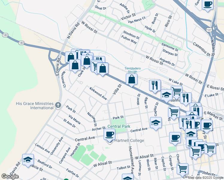 map of restaurants, bars, coffee shops, grocery stores, and more near 387 W Market St in Salinas