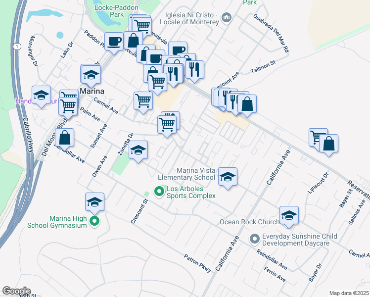 map of restaurants, bars, coffee shops, grocery stores, and more near 3106 Crescent Avenue in Marina