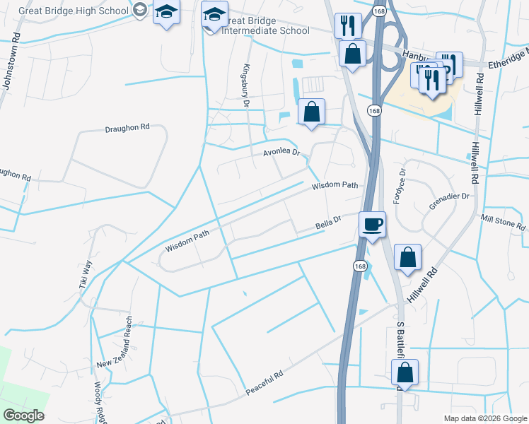 map of restaurants, bars, coffee shops, grocery stores, and more near 204 Wisdom Path in Chesapeake