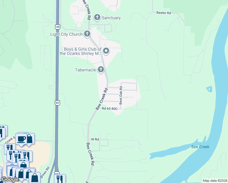 map of restaurants, bars, coffee shops, grocery stores, and more near 175 Deerfield Lane in Branson