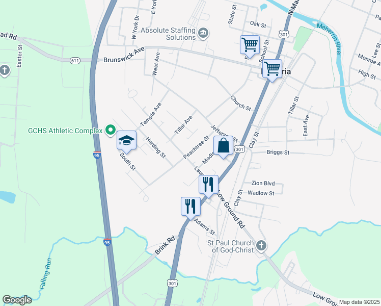 map of restaurants, bars, coffee shops, grocery stores, and more near Peachtree Street in Emporia