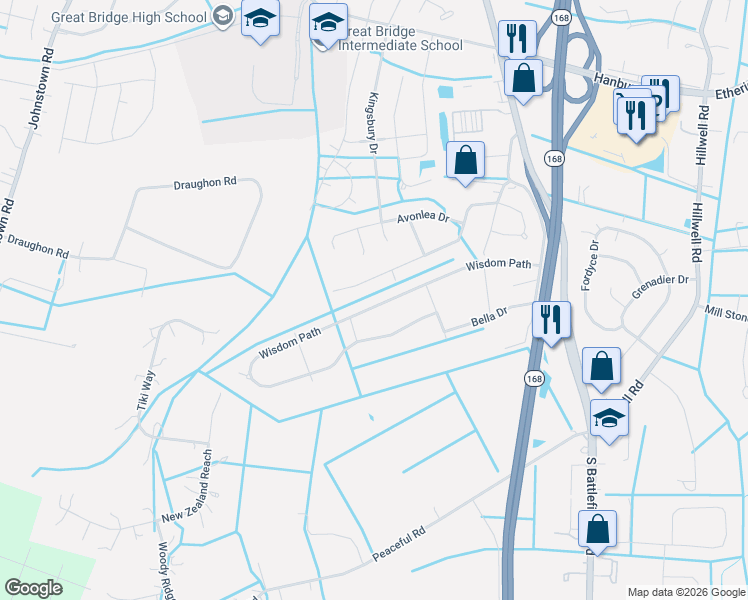 map of restaurants, bars, coffee shops, grocery stores, and more near 157 Greengable Way in Chesapeake