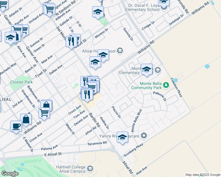 map of restaurants, bars, coffee shops, grocery stores, and more near 730 Williams Road in Salinas