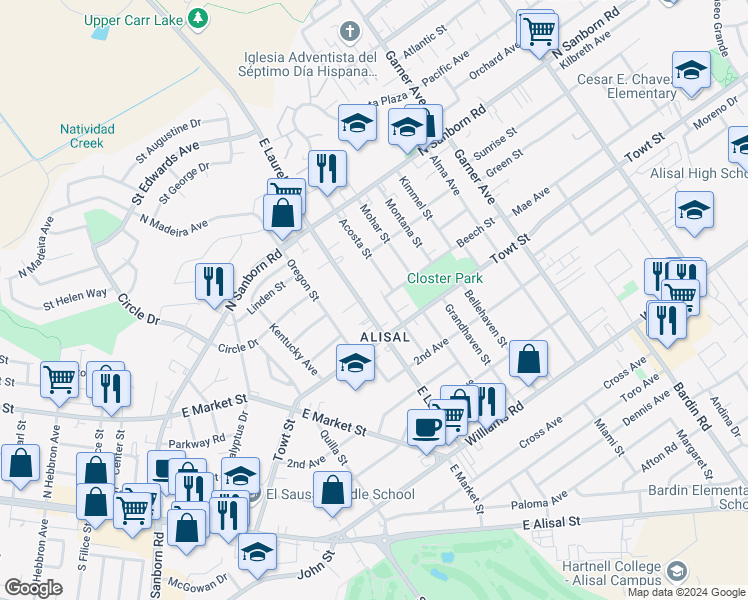 map of restaurants, bars, coffee shops, grocery stores, and more near 1115 East Laurel Drive in Salinas