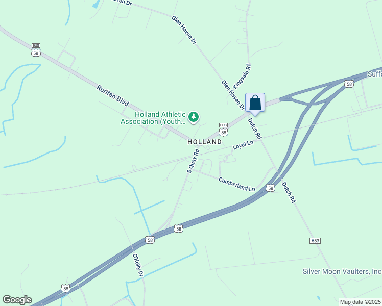 map of restaurants, bars, coffee shops, grocery stores, and more near 100 Tree Lane in Suffolk