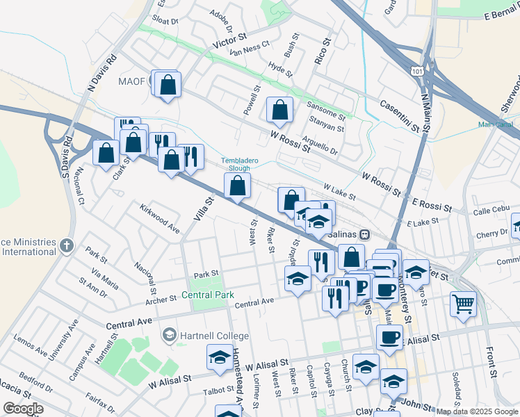map of restaurants, bars, coffee shops, grocery stores, and more near 240 West Market Street in Salinas