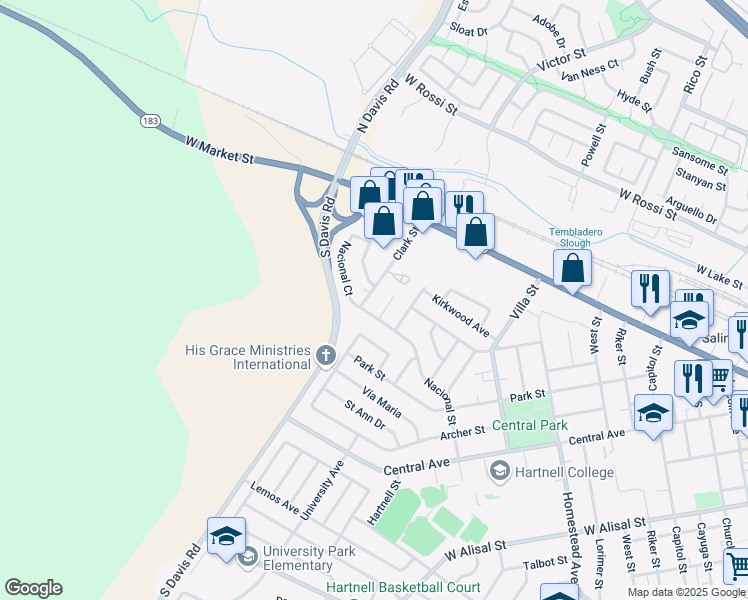 map of restaurants, bars, coffee shops, grocery stores, and more near 85 Clark Street in Salinas