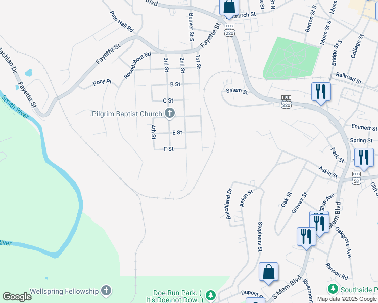map of restaurants, bars, coffee shops, grocery stores, and more near 801 2nd Street in Martinsville